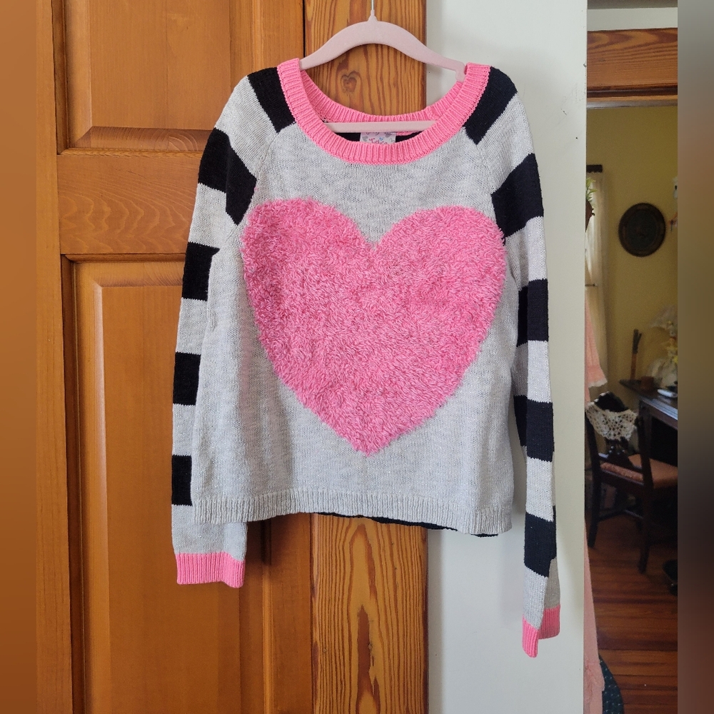 Girls Justice Pink Fuzzy Heart Sweater with Cream And Black Stripes 10